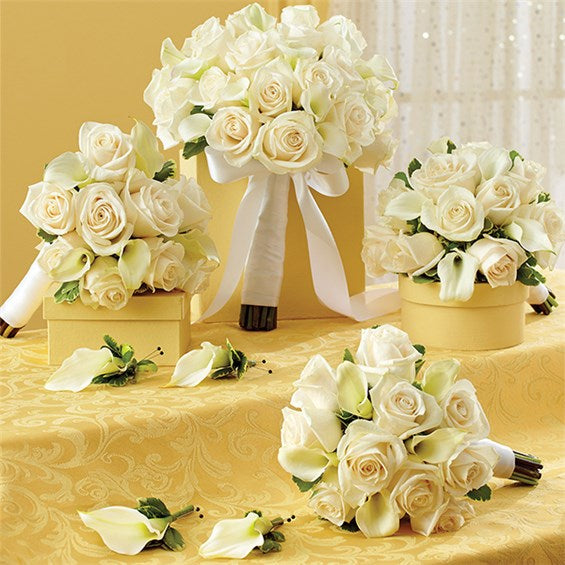 White Personal Package (1 Bridal Bouquet, 3 Bridesmaid Bouquets And 4 Boutonnieres)