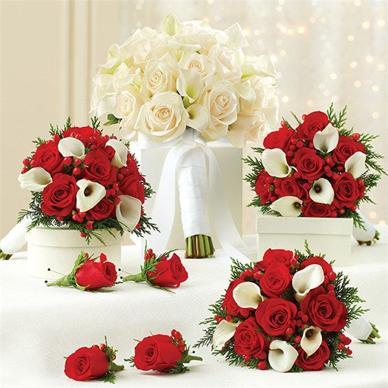Holiday Personal Package (1 White Bridal Bouquet, 3 Bridesmaid Bouquets And 4 Boutonnieres)