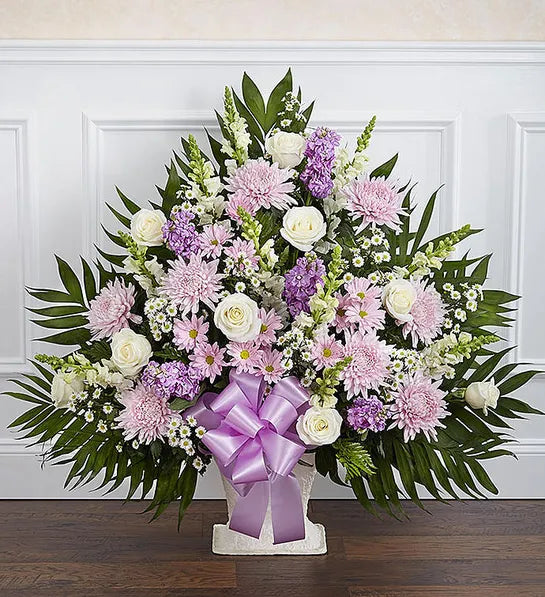 Heartfelt Tribute Lavender & White Floor Basket Arrangement