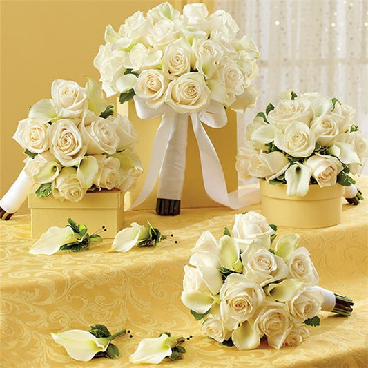 White Personal Package  (1 Bridal Bouquet, 3 Bridesmaid Bouquets And 4 Boutonnieres)