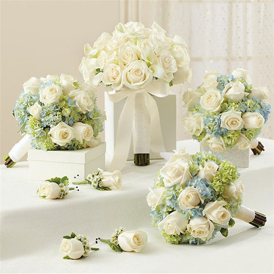 Blue And White Personal Package (1 Blue Bridal Bouquet, 3 Bridesmaid Bouquets & 4 Boutonnieres)