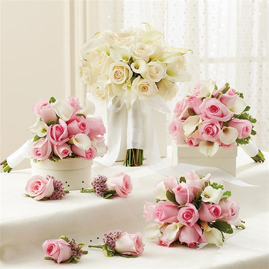 Pink And White Personal Package (1 White Bridal Bouquet, 3 Bridesmaid Bouquets And 4 Boutonnieres)