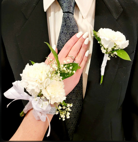 White Carnation Corsage And Boutonniere set